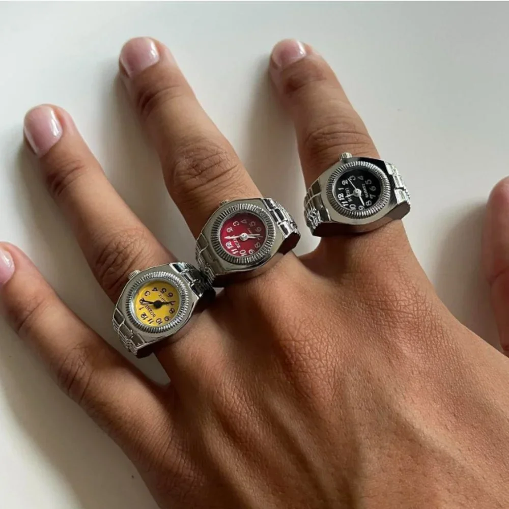 Y2K 2000s Vintage Retro Silver Tone Watch Ring with Round Face